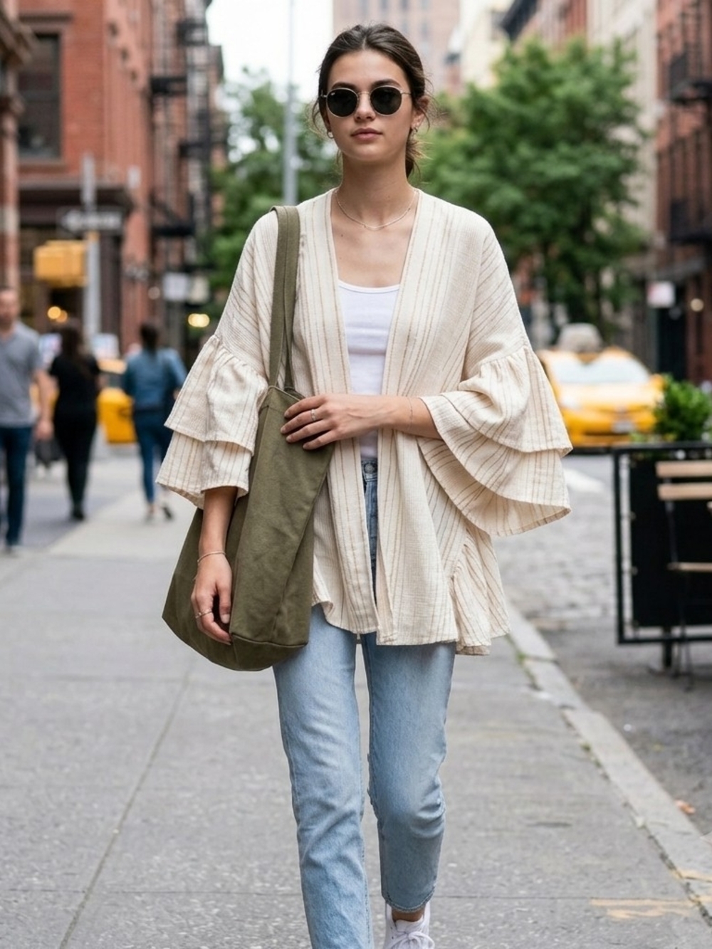 Beige Linen Blend Ruffle Cardigan Kimono Striped Boho Lagenlook Size Large